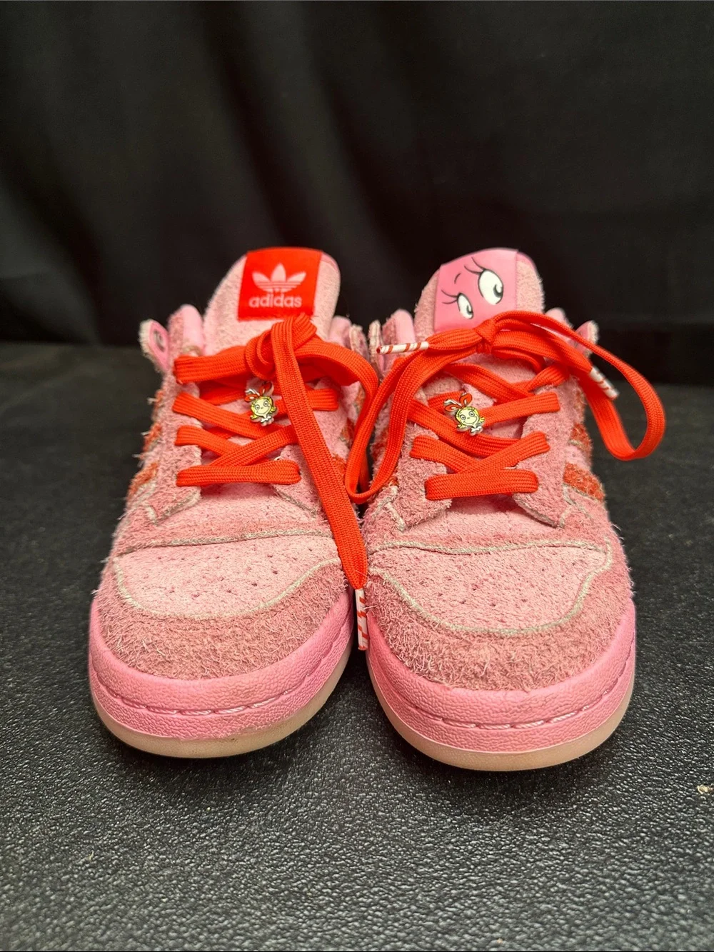 Adidas + Dr. Seuss Kids Pink Suede Sneakers with Red Laces and Character Tongue
